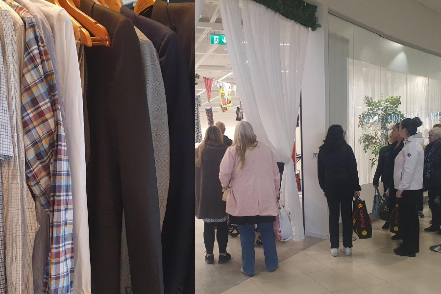 På bild syns kläderna från insamlingen till niornas avslutningsmiddag. Det hänger herrkläder på galge. På andra bilden syns kön in till lokalen för klädbytesdagen.