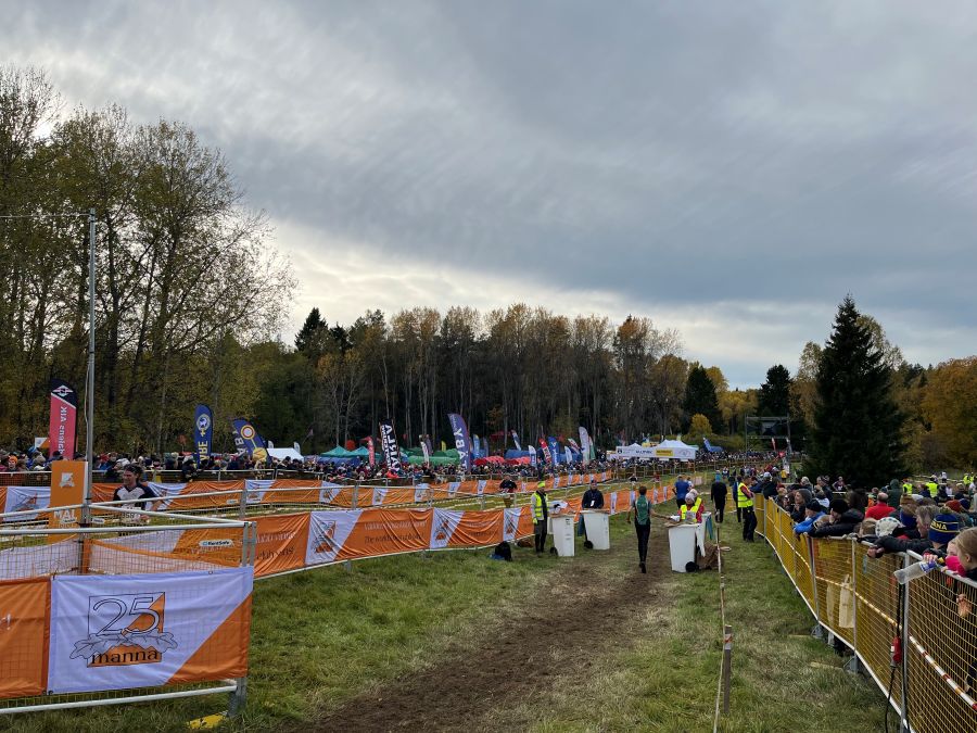 Publik och funktionärer samlade vid målgången under orienteringstävlingen 25-manna i Runbyskogen, omgivna av träd och tävlingsflaggor.