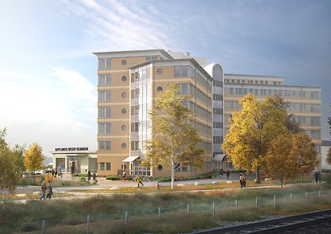 Visionsbild av hur det nya kommunhuset kommer att se ut exteriört.