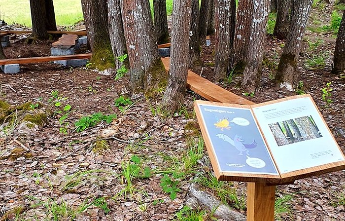 En station med balansbräda utmed Sagostigen.