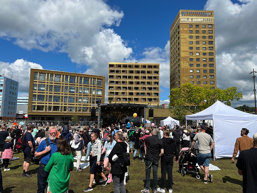 Många människor samlade i Blå Parken med en stor scen i bakgrunden.