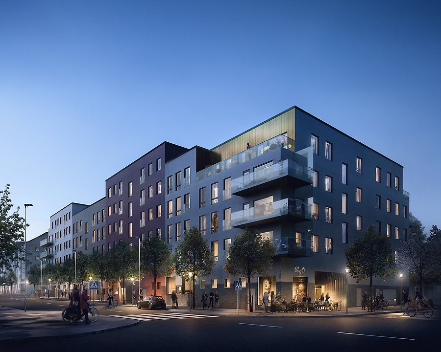 Illustration av ett flerfamiljshus på kvällen. På gatan syns promenerande människor och ett café i hörnan av huset.